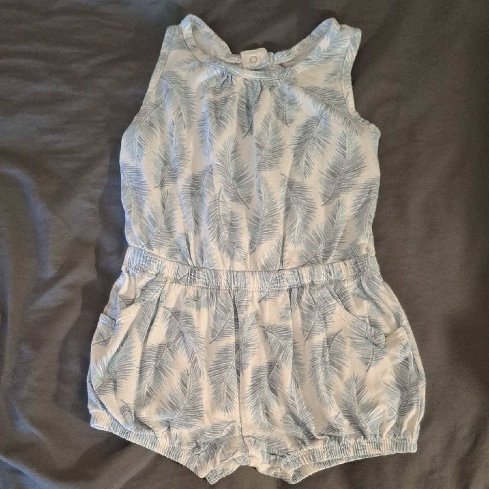 Old Navy White With Light Blue Leaf-Print Sleeveless Romper